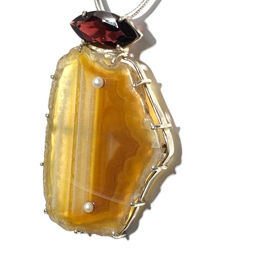 Shops Garnet, Agate and Freshwater pearl Sterling silver pendant , FREE SHIPPING