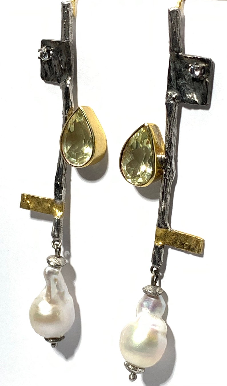 Freshwater barook pearl ,lemon quartz and white topaz set in Sterling silver earrings image 4