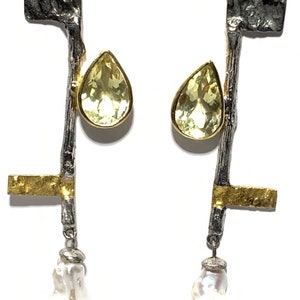 Freshwater barook pearl ,lemon quartz and white topaz set in Sterling silver earrings image 1