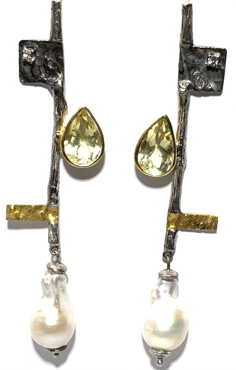 Freshwater barook pearl ,lemon quartz and white topaz set in Sterling silver earrings image 1