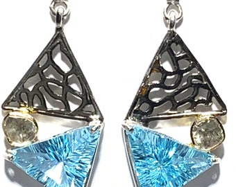 Sliced diamond, 18 k gold and Blue topaz Sterling Silver earrings