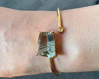 Green Amethyst and white topaz Sterling Silver gold plated Bracelet