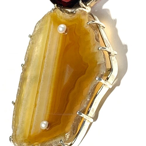 Shops Garnet, Agate and Freshwater pearl Sterling silver pendant , FREE SHIPPING