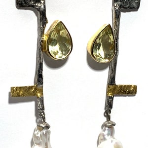 Freshwater barook pearl ,lemon quartz and white topaz set in Sterling silver earrings image 5