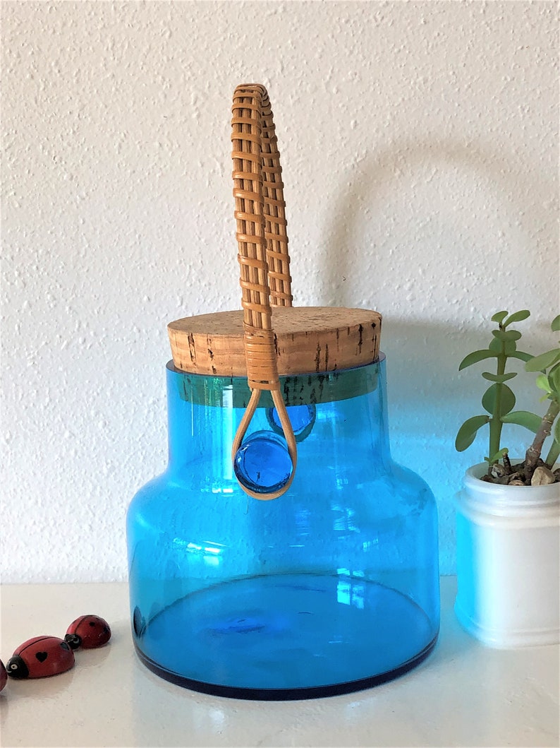 Vintage Jar Vintage Turquoise Glass Glass Jar with Cork Lid and Wicker Handle ~ Vintage Decor