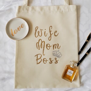 Wife Mom Boss Canvas Tote Reuseable Bag MakeUp Clothing Travel Beach Bag