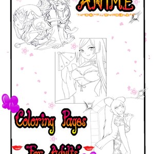 Pode incluir: Páginas para colorir de anime para adultos. A imagem apresenta várias ilustrações em estilo anime, incluindo desenhos detalhados de personagens femininas e uma criatura semelhante a um lobo. O texto "Anime" e "Coloring Pages For Adults" também são exibidos.
