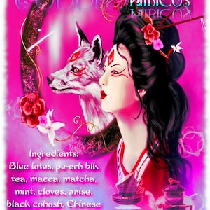 May include: A digital illustration featuring a woman with red lipstick and a fox. The image has text that reads "Goddess Tea Hibiscus" and a list of ingredients including blue lotus and pu-erh blk tea. A teapot and teacups are also visible.