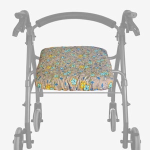 Reversible Ecru Happy Flowers cotton quilted rollator seat cover in 3 sizes