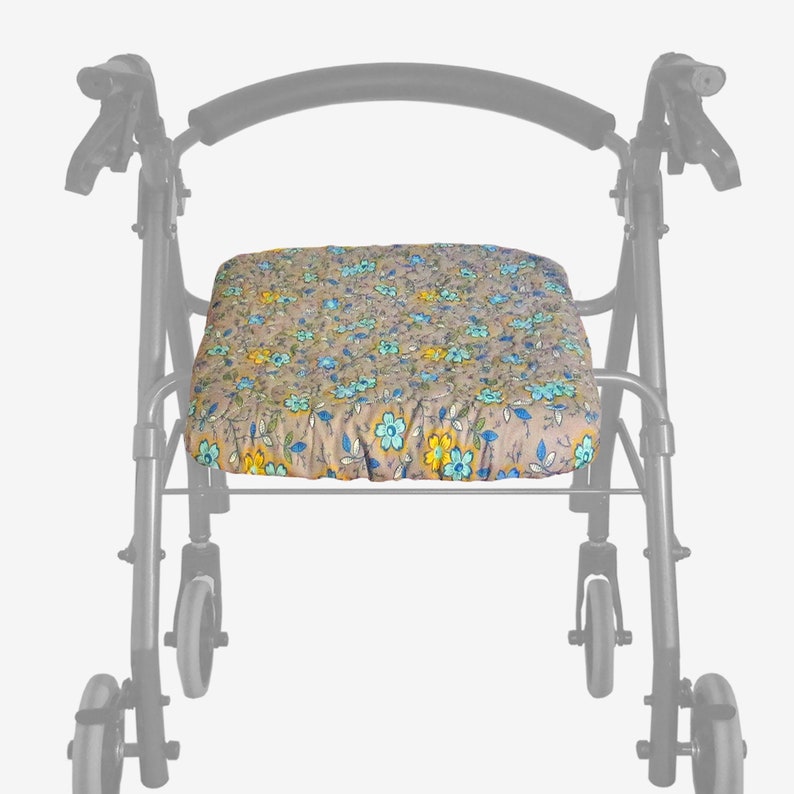 Reversible Ecru Happy Flowers cotton quilted rollator seat cover in 3 sizes