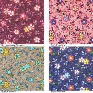 May include: Four fabric swatches with floral patterns. The swatches are labeled "Boysenberry Flowers", "Pink Flowers", "Ecru Flowers", and "Blue Flowers".