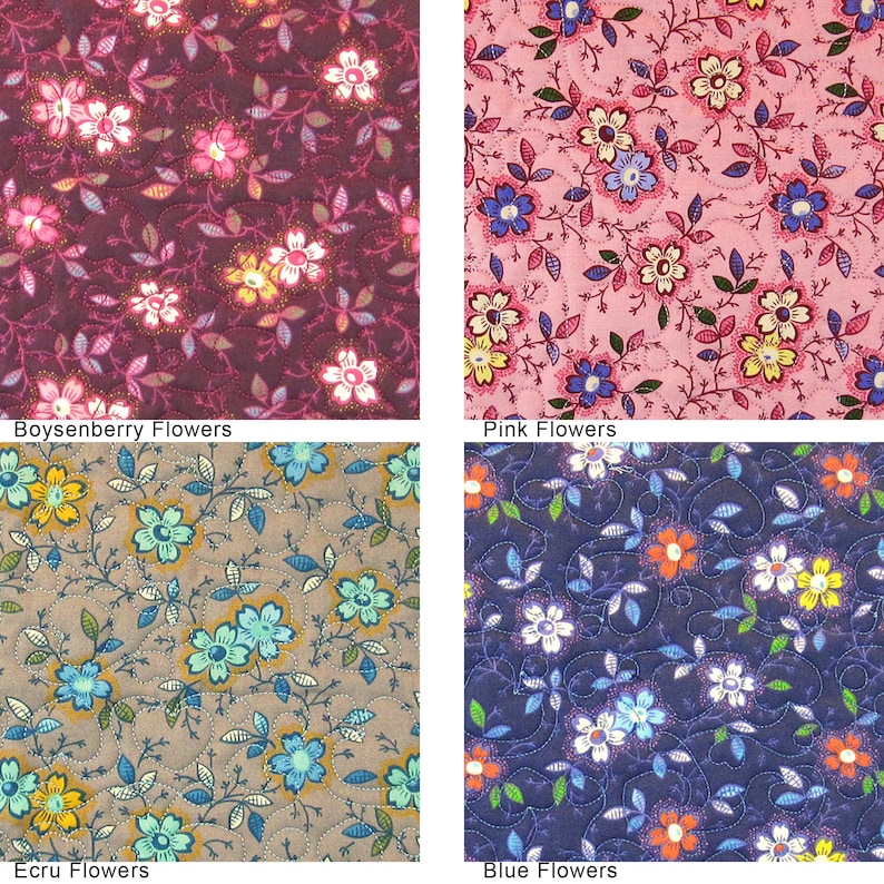 May include: Four fabric swatches with floral patterns. The swatches are labeled "Boysenberry Flowers", "Pink Flowers", "Ecru Flowers", and "Blue Flowers".