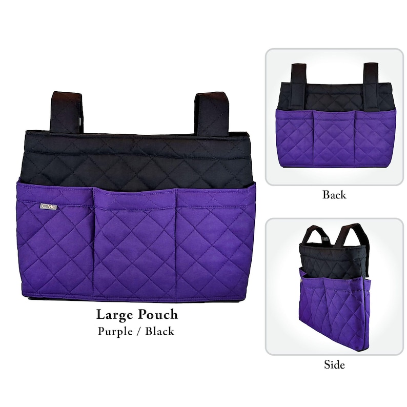 May include: A quilted storage pouch featuring a black upper section and a purple lower section with three front pockets. The pouch includes two black top straps for hanging and a small silver rectangular tag on the front left pocket.