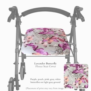 Puede incluir: Una funda de asiento de forro polar para andador con un patr&oacute;n de mariposas moradas, melocot&oacute;n, rosas, grises y blancas sobre un fondo gris claro. El texto dice Lavender Butterfly Fleece Seat Cover, Purple, peach, pink, gray, white butterflies.