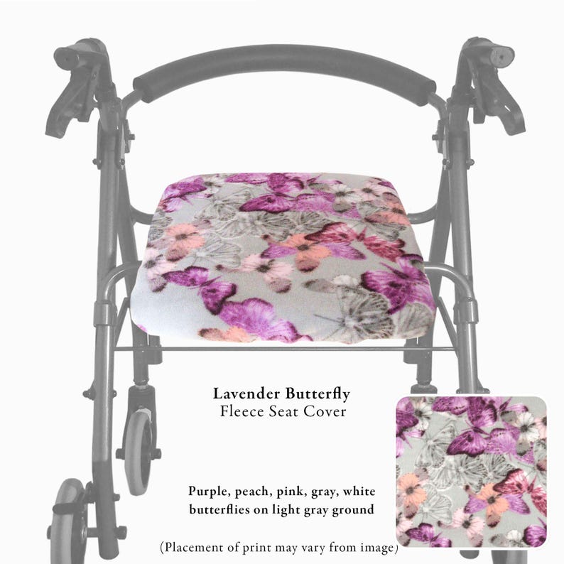 Puede incluir: Una funda de asiento de forro polar para andador con un patr&oacute;n de mariposas moradas, melocot&oacute;n, rosas, grises y blancas sobre un fondo gris claro. El texto dice Lavender Butterfly Fleece Seat Cover, Purple, peach, pink, gray, white butterflies.