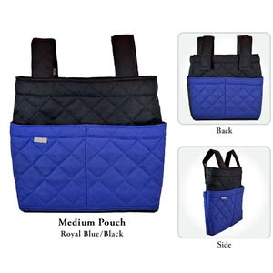May include: A medium pouch in royal blue and black with a quilted diamond pattern. The pouch features two vertical straps at the top, a black upper section, and a royal blue lower section with two front pockets. Text reads Medium Pouch Royal Blue/Black.