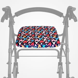 May include: A black walker with a colorful heart-patterned seat cushion. The cushion is made of soft fabric and provides extra comfort for sitting.