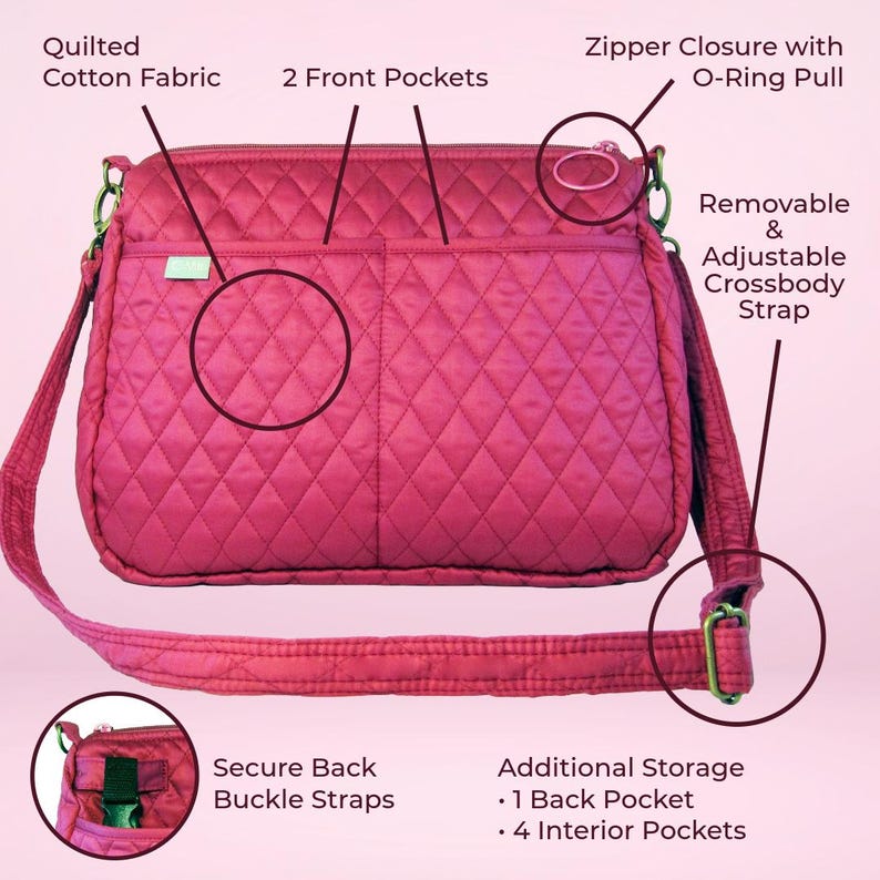 May include: A quilted, magenta crossbody bag with a removable and adjustable strap. Features include a zipper closure with an O-ring pull, two front pockets, and secure back buckle straps. Additional storage includes one back pocket and four interior pockets.