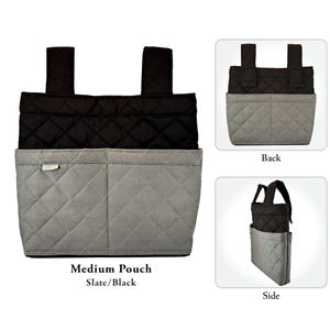 May include: A medium pouch in slate gray and black featuring a quilted diamond pattern. The pouch has two top straps, a front pocket, and a small tag labeled CMe. The design is shown from the front, back, and side angles with the text Medium Pouch Slate/Black.