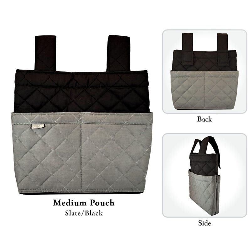 May include: A medium pouch in slate gray and black featuring a quilted diamond pattern. The pouch has two top straps, a front pocket, and a small tag labeled CMe. The design is shown from the front, back, and side angles with the text Medium Pouch Slate/Black.