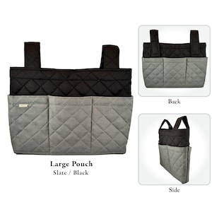 May include: A large pouch in slate and black featuring a quilted diamond pattern. The pouch has two top straps, a black upper section, and a slate lower section with three exterior pockets. Text on the image reads Large Pouch Slate / Black.