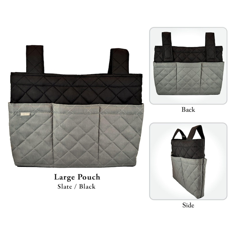 May include: A large pouch in slate and black featuring a quilted diamond pattern. The pouch has two top straps, a black upper section, and a slate lower section with three exterior pockets. Text on the image reads Large Pouch Slate / Black.