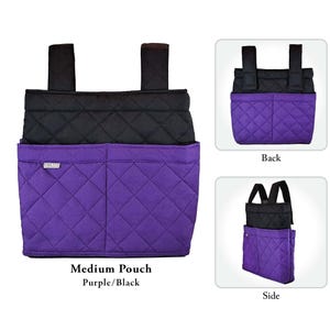 May include: A medium pouch in purple and black with a quilted diamond pattern. The pouch features two vertical straps at the top and a small rectangular tag with the text "CMe" on the front. The image shows front, back, and side views.