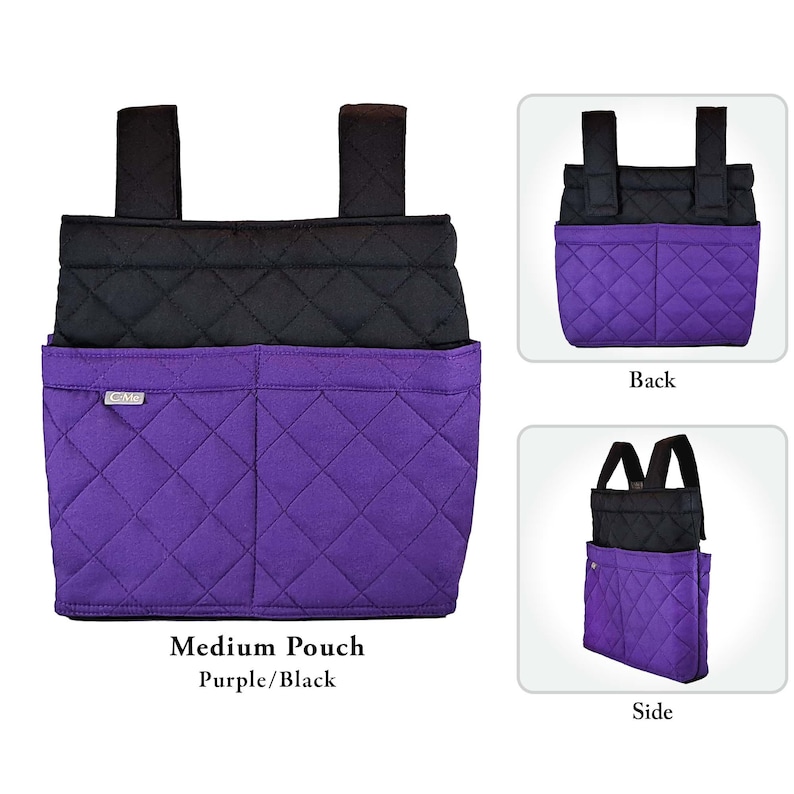 May include: A medium pouch in purple and black with a quilted diamond pattern. The pouch features two vertical straps at the top and a small rectangular tag with the text "CMe" on the front. The image shows front, back, and side views.