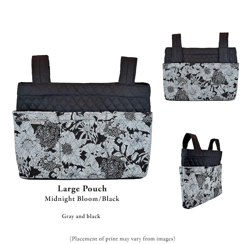 May include: A large pouch featuring a black and gray floral pattern on the lower section and a solid black quilted upper section with two vertical straps. The text reads Large Pouch Midnight Bloom/Black and Gray and black. Placement of print may vary.