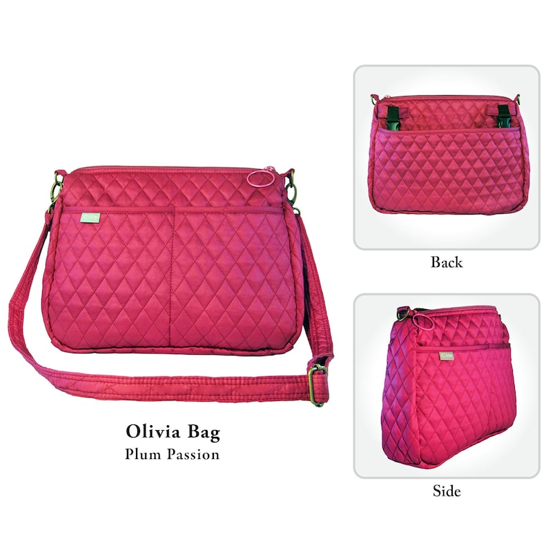 May include: A plum-colored Olivia Bag with a quilted diamond pattern. The bag has a long adjustable strap, two front pockets, and a top zipper closure. The bag is shown from multiple angles, including the back and side.