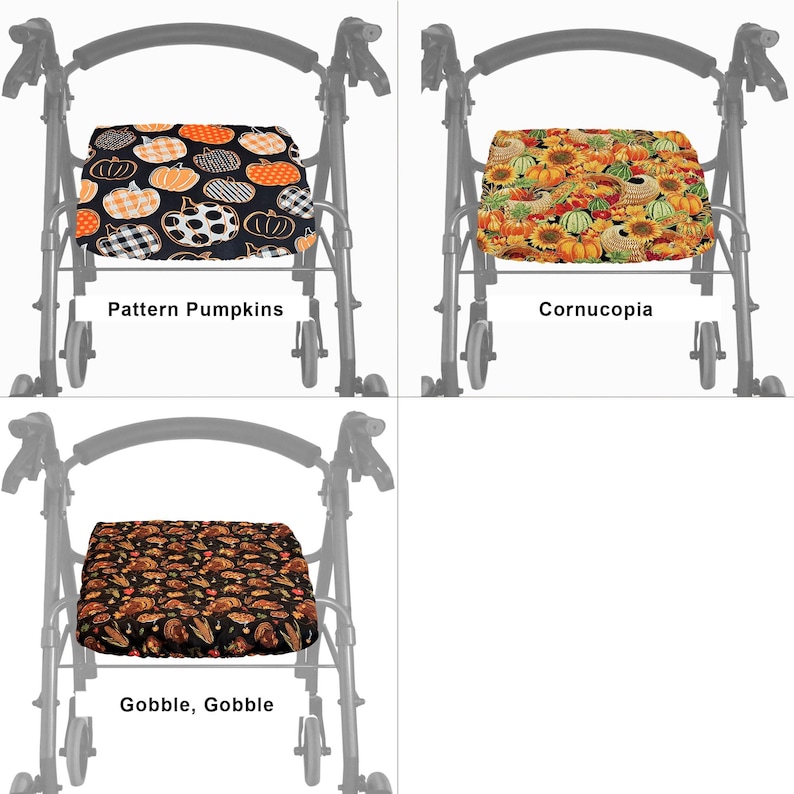 Reversible Holiday Quilted Rollator Seat Cover in 3 Sizes - Halloween, Christmas, Autumn Cornucopia
