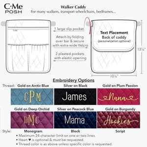 May include: A quilted walker caddy with a diamond pattern, available in various colours. Features a large slip pocket, two pleated pockets, and options for personalised embroidery. Dimensions are 26.67 cm wide and 34.93 cm high.