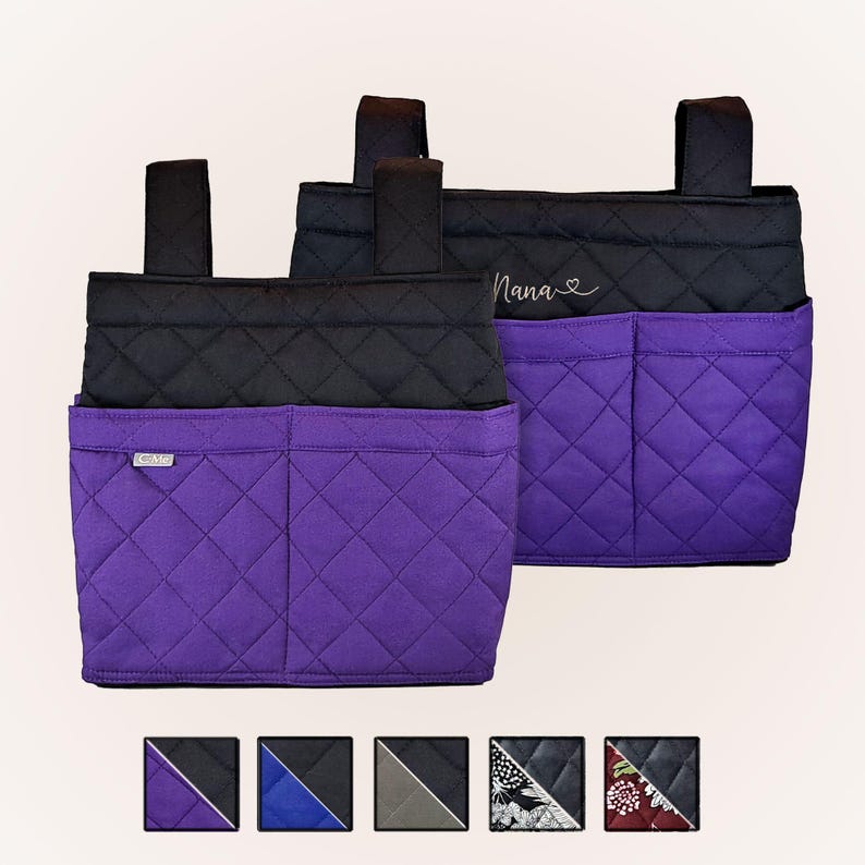 May include: Two quilted storage pouches with black upper sections and purple lower sections featuring two front pockets. One pouch has the word Nana with a heart embroidered on the black section. A small C-Me tag is on the front pocket.