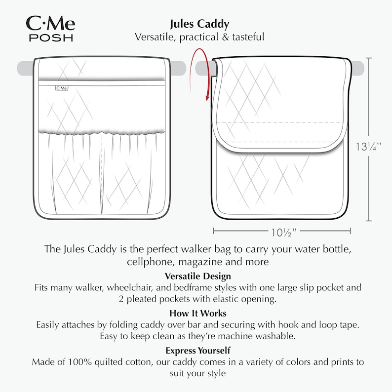 May include: A white quilted walker bag with a large slip pocket and two pleated pockets with elastic openings. The bag measures 10 1/2 inches wide and 13 1/4 inches tall. The Jules Caddy is the perfect walker bag to carry your water bottle, cellphone, magazine and more.