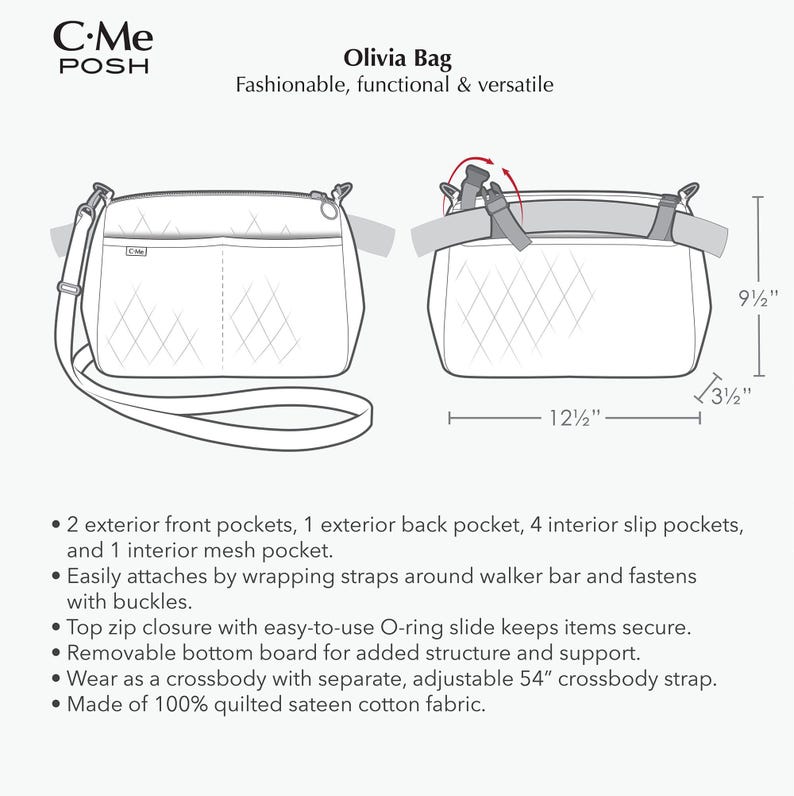 Quilted Walker Bag with Crossbody Strap | Walker Organizer Bag with Pockets | Fits Most Walkers | Solid Colors image 7