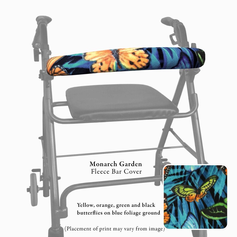 Capa protetora para barra de andador em fleece macio – Estampas florais, xadrez, militares e divertidas Monarch Garden