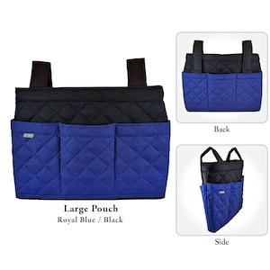May include: A large royal blue and black quilted storage pouch featuring three front pockets, two top hanging straps, and a small rectangular label. The design includes a black quilted upper section and a royal blue quilted lower section with pockets.