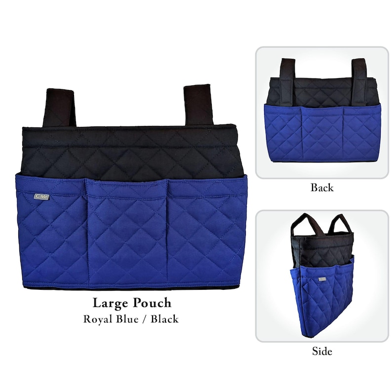 May include: A large royal blue and black quilted storage pouch featuring three front pockets, two top hanging straps, and a small rectangular label. The design includes a black quilted upper section and a royal blue quilted lower section with pockets.