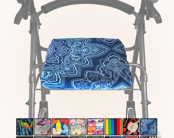 Pode incluir: Um andarilho de metal preto com uma almofada de assento retangular com um padrão paisley azul e branco. Abaixo do andarilho, uma grelha apresenta dezasseis opções adicionais de padrões de tecido, incluindo designs florais e xadrez.