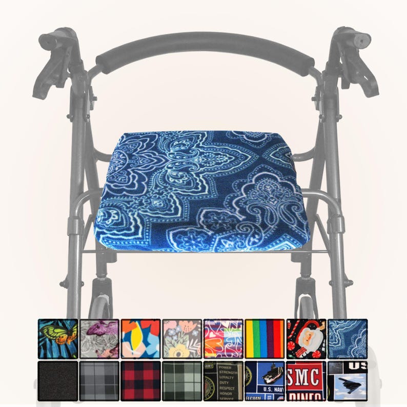 Puede incluir: Un andador de metal negro con un coj&iacute;n de asiento rectangular con un patr&oacute;n de cachemira azul y blanco. Debajo del andador, una cuadr&iacute;cula muestra diecis&eacute;is opciones adicionales de patrones de tela, incluyendo dise&ntilde;os florales y cuadros.