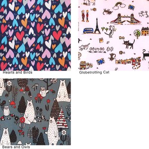 May include: A collage of three fabric swatches with different patterns. The top left swatch features a dark blue background with a repeating pattern of pink, red, orange, and blue hearts and white birds. The top right swatch features a light pink background with a repeating pattern of black cats, houses, and a London bridge. The bottom swatch features a dark gray background with a repeating pattern of white bears, owls, and red mushrooms.