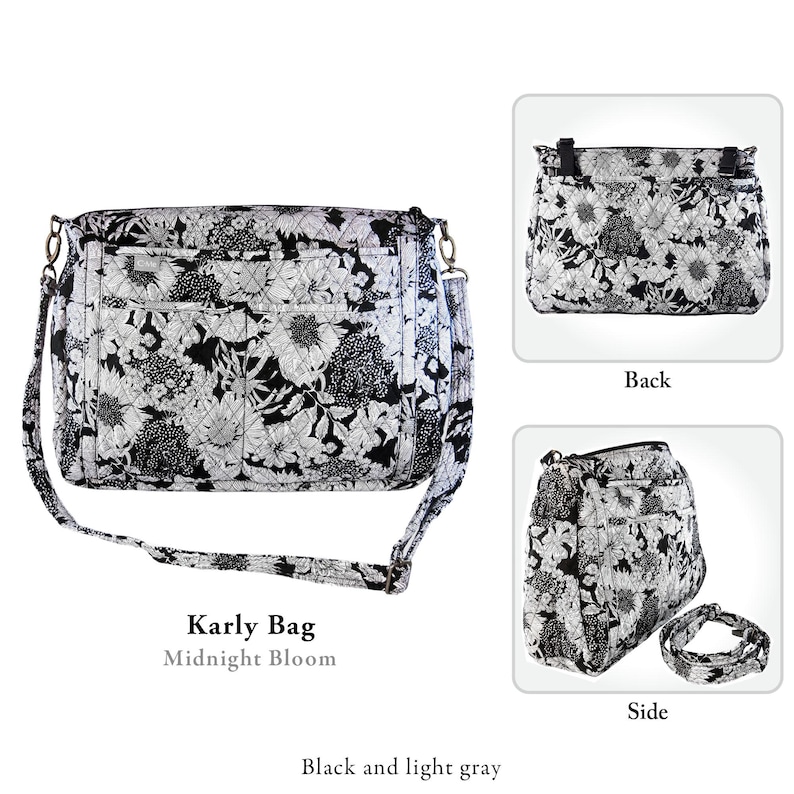 May include: A black and white floral print crossbody bag with a long adjustable strap. The bag has a flap closure and multiple pockets. The bag is labeled "Karly Bag Midnight Bloom".