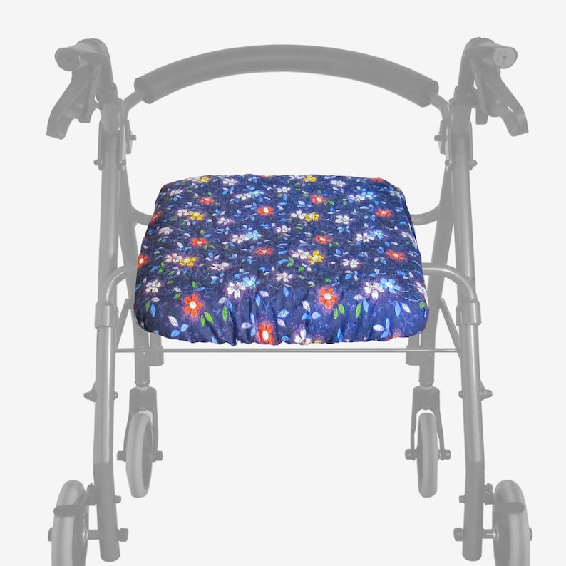Reversible Blue Happy Flowers cotton quilted rollator seat cover in 3 sizes