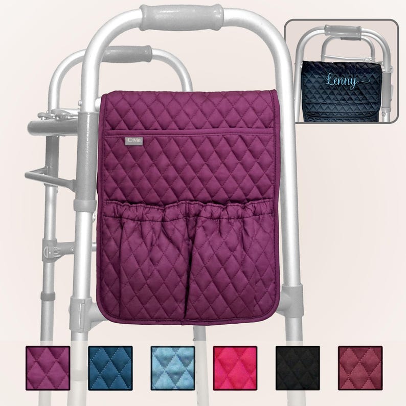 May include: A quilted purple walker bag with a diamond pattern, a zipped top pocket, and two lower pockets. The bag is attached to a silver walker frame. Additional colour options are displayed below the bag.