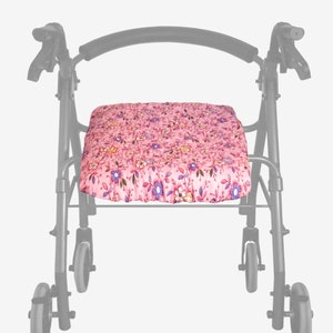 Reversible Pink Happy Flowers cotton quilted rollator seat cover in 3 sizes