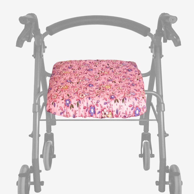 Reversible Pink Happy Flowers cotton quilted rollator seat cover in 3 sizes