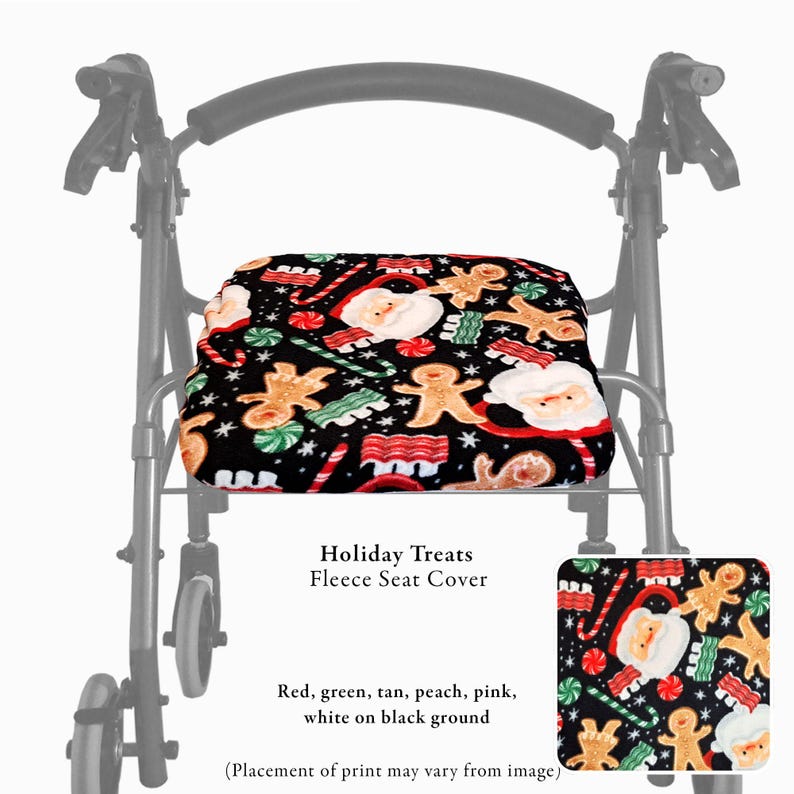 Puede incluir: Una funda de asiento de forro polar negro para andador con un estampado navide&ntilde;o de Pap&aacute; Noel, hombres de jengibre, bastones de caramelo y dulces a rayas rojas y blancas. Texto: Holiday Treats Fleece Seat Cover, Red, green, tan, peach, pink, white on black ground.