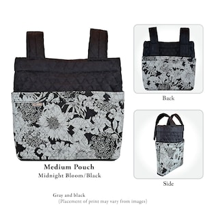 May include: A medium pouch featuring a black quilted upper section and a lower section with a black and white floral print. The pouch includes two vertical straps at the top, a small rectangular brand tag, and is shown from front, back, and side angles.