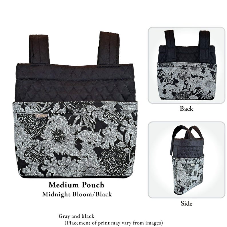 May include: A medium pouch featuring a black quilted upper section and a lower section with a black and white floral print. The pouch includes two vertical straps at the top, a small rectangular brand tag, and is shown from front, back, and side angles.