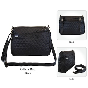 May include: Black Olivia bag with a quilted diamond pattern. The bag has a long adjustable strap and a small metal tag. The image also shows the back and side views of the bag. The text on the image says "Olivia Bag Black".